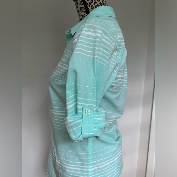 Vineyard Vines Women's Sz 0 Cotton Blend Striped Popover Teal Roll Tab - Picture 8 of 8